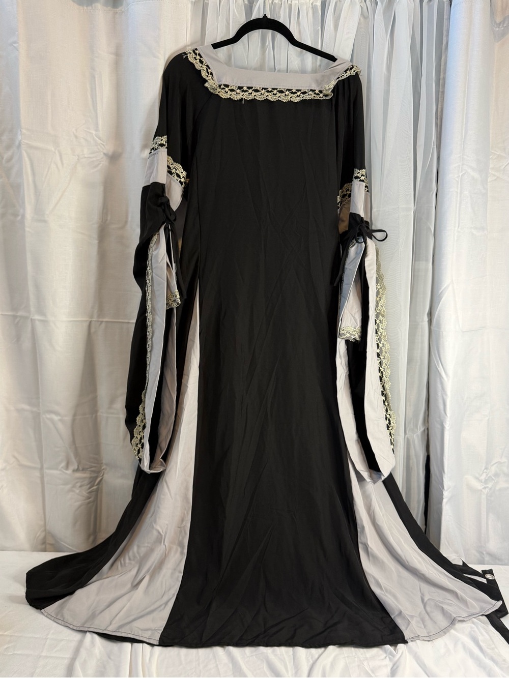 Black Long Sleeve Gothic-Inspired Renaissance Maxi Dress with Silver Panels
